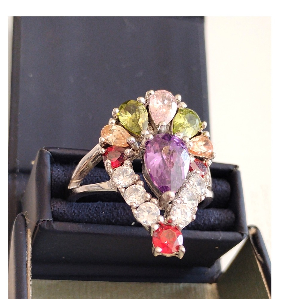 🌸925 Amethyst & Peridot Style Cocktail Ring Silver Whimsigoth FairyCore Indie